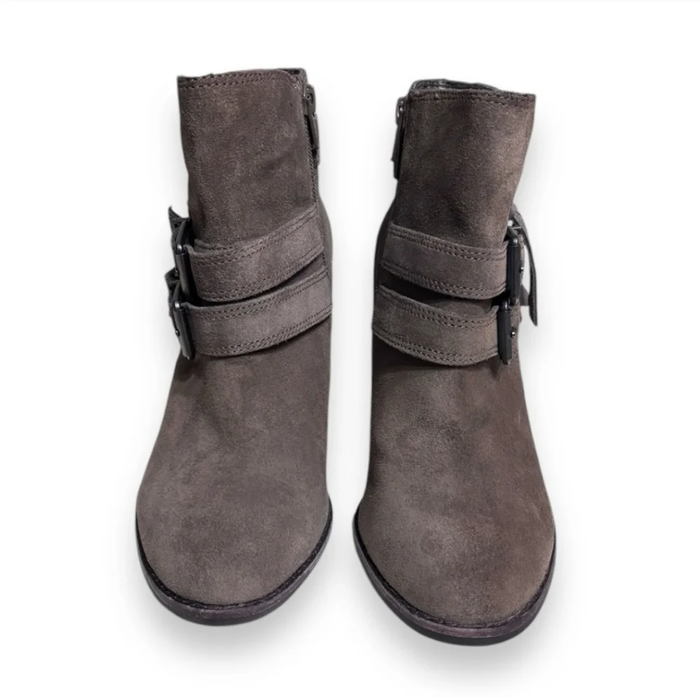 GIANNI BINI Grey Suede Side Zip Ankle Booties Double Buckle